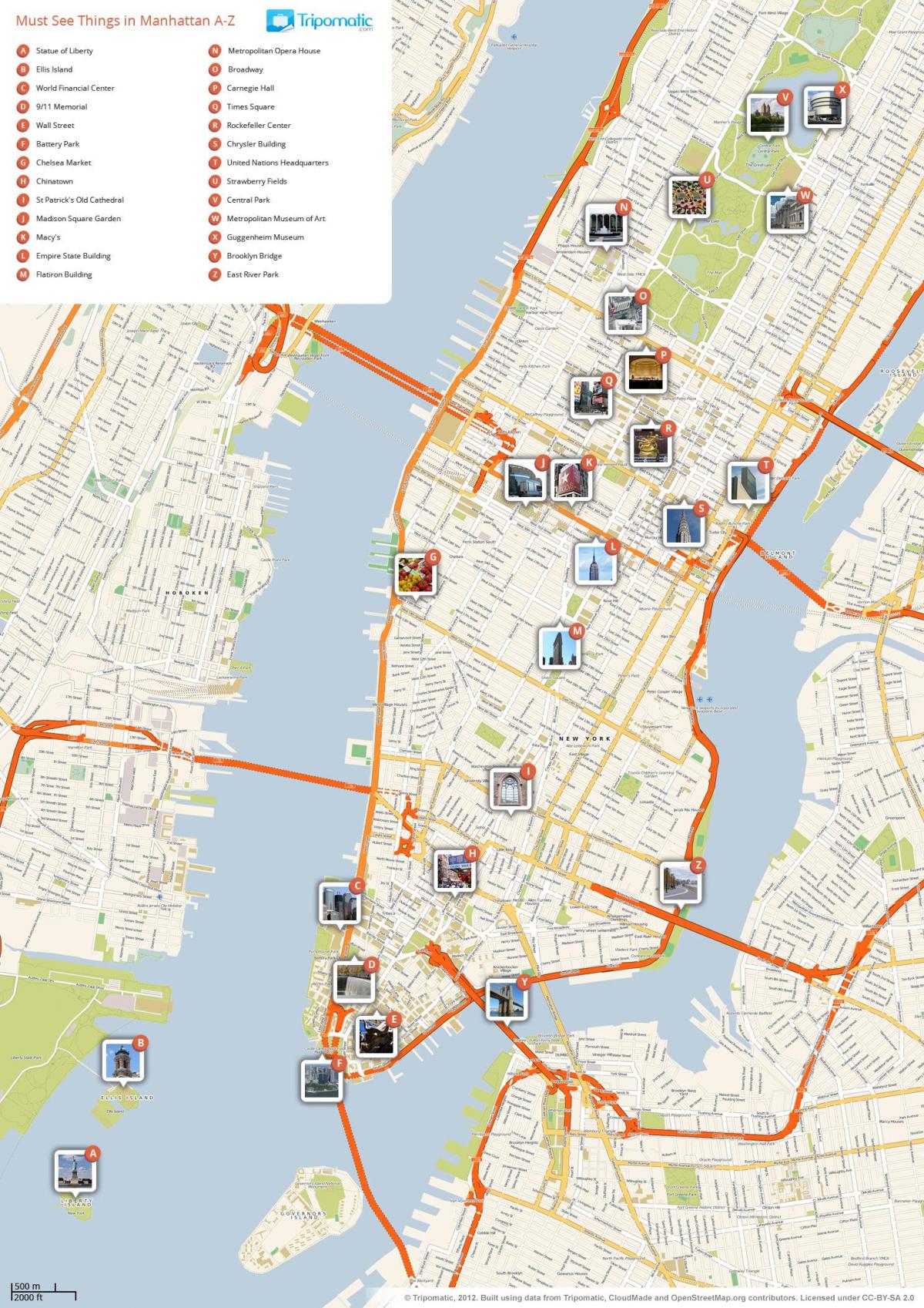mapa de Manhattan, mostrando atrações turísticas