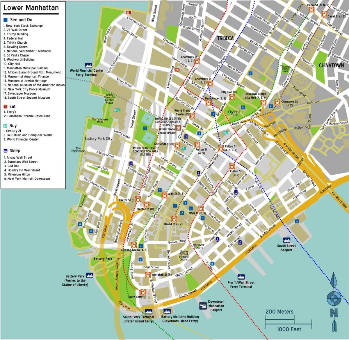 mapa da baixa de Manhattan, com nomes de ruas
